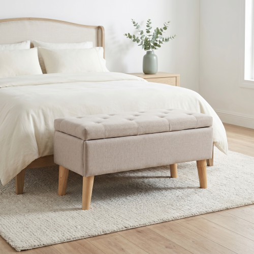 32 inch Wide Square Storage Ottoman Bench with Built-in Tray, Upholstered Footrest, Versatile End of Bed Bench for Bedroom & Entryway