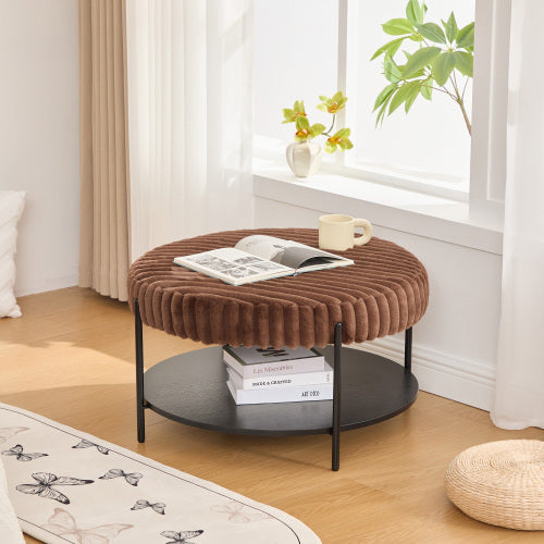 30.9 inch Round Faux Fur Ottoman Coffee Table with Storage Shelf