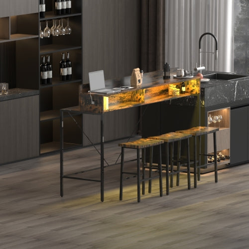 4-Piece 59inch  Bar Table Set with LED Light & Outlet, MDF Table & 3 Saddle Stools for Living Room