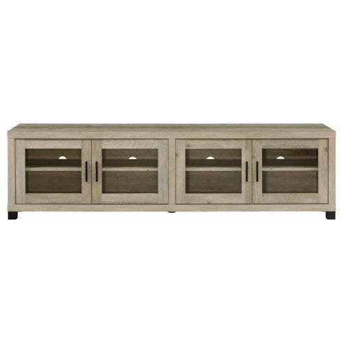 Distressed Pine 79 Inch Farmhouse Media Console, 4 Glass Door TV Stand Fits 85 Inch TV