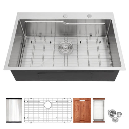 33" Drop in Kitchen Sink - 33 x 22 x 10 inch Kitchen Sink Drop-in Topmount Single Bowl 16 Gauge Stainless Steel Ledge Workstation Kitchen Sinks