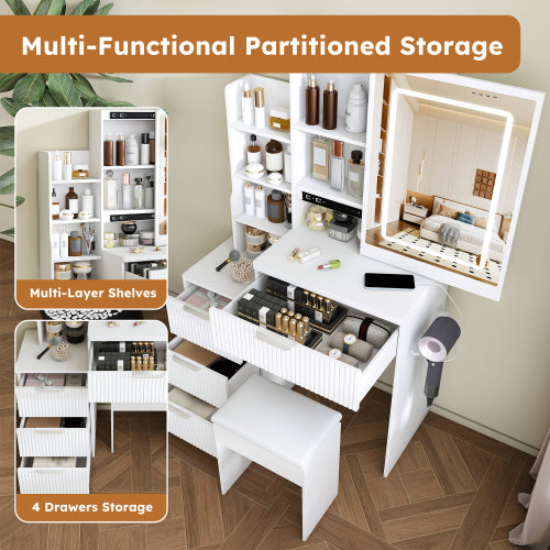 White LED Lighted Makeup Vanity Table with 4 Drawers & Shelves, Power Outlet, Dryer Holder & Chair, Modern Bedroom Dresser