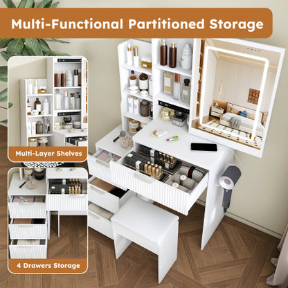 White LED Lighted Makeup Vanity Table with 4 Drawers & Shelves, Power Outlet, Dryer Holder & Chair, Modern Bedroom Dresser