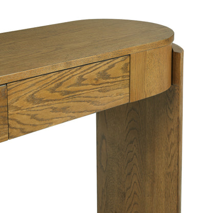 Entryway Table with Natural Wood Grain Finish, Console Table with Fluted Design, Oval Top and 2 Drawers for Entryway and Living Room (Pine Wood)