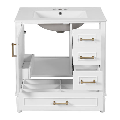 30" Bathroom Vanity with Ceramic Sink, Soft-Close Door with Built-in Shelf, Deep Drawer, Standard Drawer, Long Divider Drawer, Ample Storage Cabinet for Bathroom, Modern & Functional Design