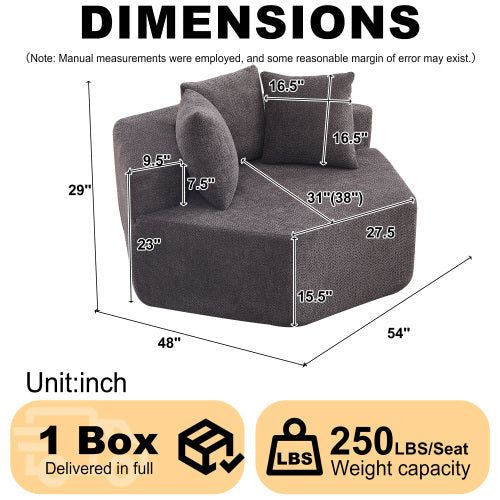 54-Inch Hexagonal Modular Chenille Lounge Chair, Spring-Coil Filling, 3 Pillows, Non-Slip Bottom for Game-Room Living-Room