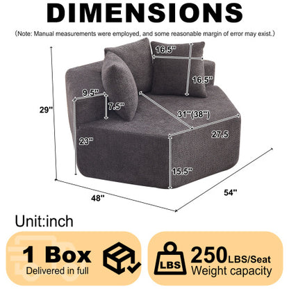 54-Inch Hexagonal Modular Chenille Lounge Chair, Spring-Coil Filling, 3 Pillows, Non-Slip Bottom for Game-Room Living-Room