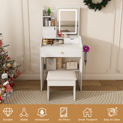 White 3-Color LED Vanity Mirror with Stool, 2 Drawers & 5 Storage Cabinets (4 Open + 1 Hidden), Adjustable Lighting
