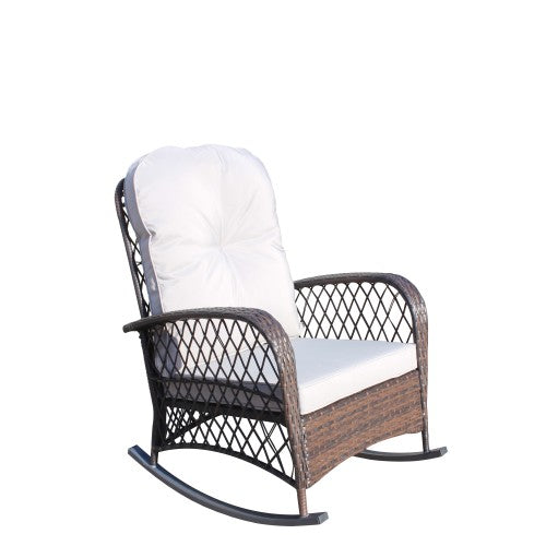Outdoor Wicker Rocking Chair with Wide Seat, Thick, Soft Cushion, Rattan Rocker w/Steel Frame, High Weight Capacity for Patio, Garden, Backyard, Grey Cushion