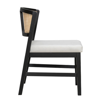 Set of 2 Rattan Dining Chairs with Upholstered Seat, Curved Rattan Back and Rubber Wood Frame, Black