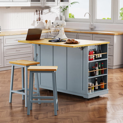 53inch Large Kitchen Island with 2 Bar Stools,Power Outlet,Door Internal Storage Rack,Kitchen Storage Cart on 5 Wheels with Drop Leaf,5 Open Side Racks,3 Drawers,Grey Blue (Three Packages)