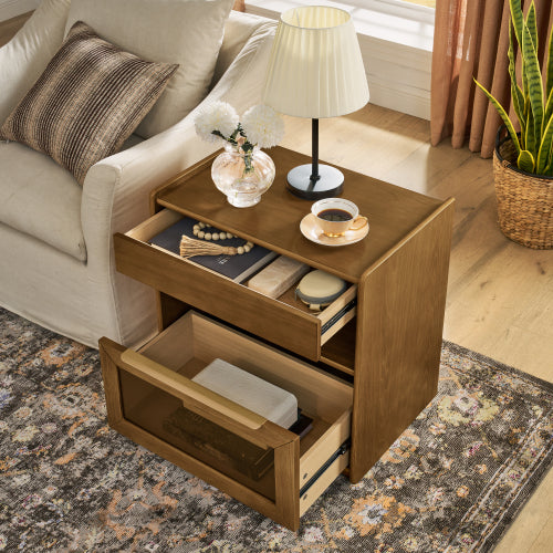 Mid Century Modern Nightstand with Charging Station & Outlet Hole & 2 Drawers, Farmhouse End Table with Open Shelf & Glass Drawer Dresser, Side Cabinet for Living Room Reception Room Dorm-Light Walnut
