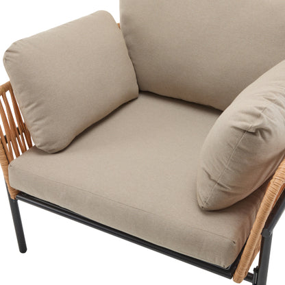 36" Beige and Light Wood-Tone Rope Iron Lounge Chair with Cushions, Perfect for Natural and Modern Spaces