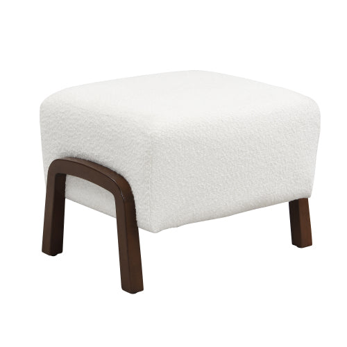 White Boucle Upholstered Ottoman with Solid Wood Legs, Contemporary Multifunctional Accent Footrest Stool