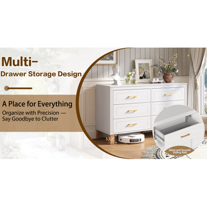 White 6 Drawer Double Dresser Modern Storage Cabinet with Metal Handles Solid Wood Legs