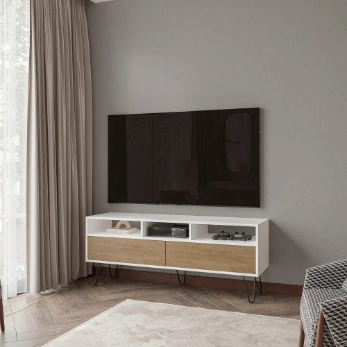 White and Natural Oak 54 inch TV Stand with Open Shelves and Storage