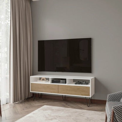 White and Natural Oak 54 inch TV Stand with Open Shelves and Storage