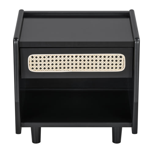 Black Nightstand with Rattan Detail, MDF + Solid Wood, Modern Bedroom Storage, Open Shelf & Drawer, Indoor Furniture