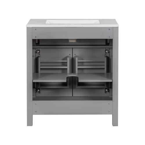 30" Bathroom Vanity with Ceramic Sink, Modern Gray Single Bathroom Cabinet with 2 Doors and a Shelf, Soft Close Doors