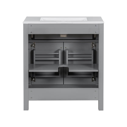 30" Bathroom Vanity with Ceramic Sink, Modern Gray Single Bathroom Cabinet with 2 Doors and a Shelf, Soft Close Doors