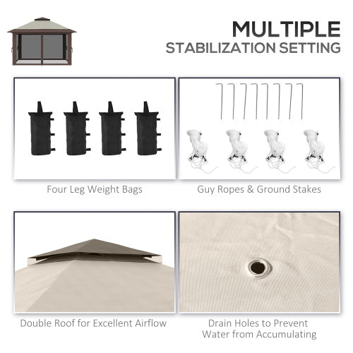 13' x 13' Pop Up Gazebo with Netting, Instant Canopy Tent Shelter with 2-Tier Roof, Wheeled Carry Bag, Water/Sand Bags for Outdoor, Garden, Parties, Beige