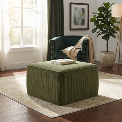 Square Corduroy Ottoman with Foam Padding, Olive Green