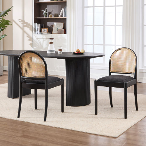Set of 2 Rattan Dining Chairs with Teddy Upholstered Seat, Wood Legs, Black Kitchen Chairs
