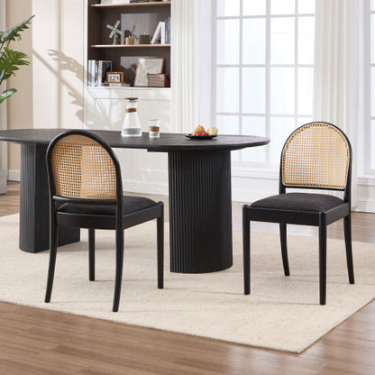 Set of 2 Rattan Dining Chairs with Teddy Upholstered Seat, Wood Legs, Black Kitchen Chairs