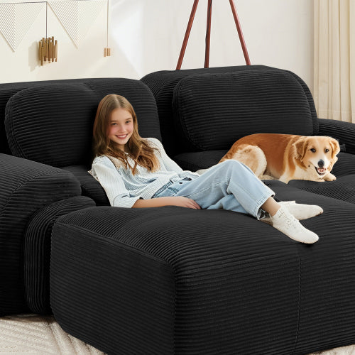 82-Inch Black Corduroy L-Shaped Modular Sectional Sofa Curved Armrest No-Assembly