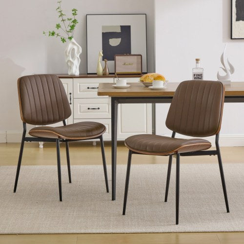Set of 2 Mid Century Modern Faux Leather Dining Chairs with Walnut Bentwood Back and Metal Legs, Brown PU