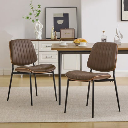 Set of 2 Mid Century Modern Faux Leather Dining Chairs with Walnut Bentwood Back and Metal Legs, Brown PU