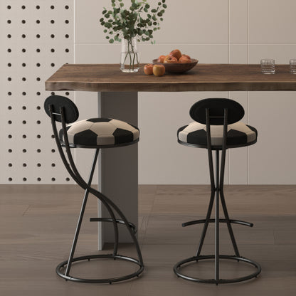 Upholstered S-shaped Barstools Set of 2 Velvet Counter Bar Stools Football Print Round Dining Stool for Kitchen & Living Room (Black Frame & Black Back)