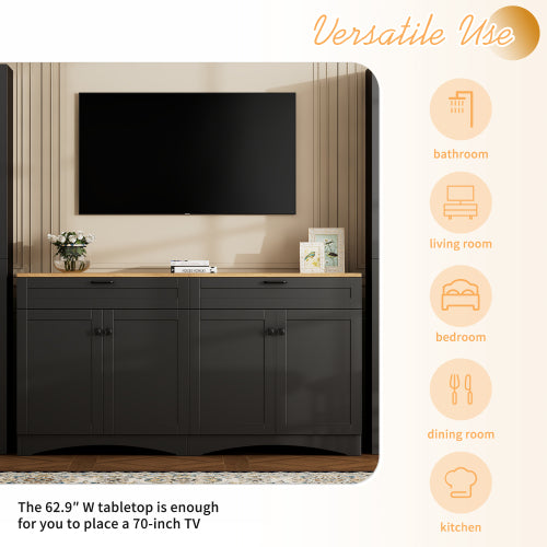 Black Farmhouse Wood Grain Top TV Stand With 2 Drawers For 70 Inch TV