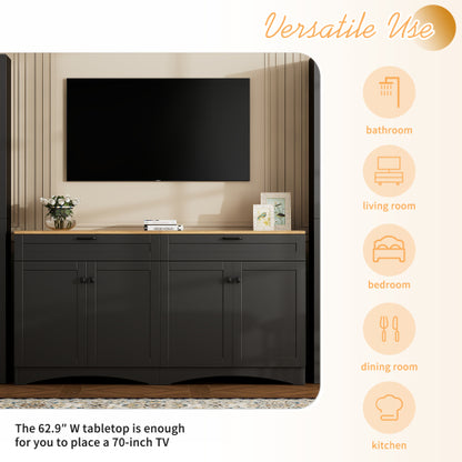 Black Farmhouse Wood Grain Top TV Stand With 2 Drawers For 70 Inch TV