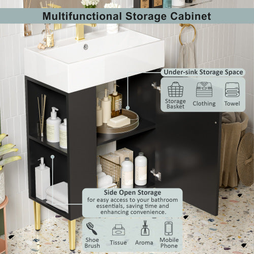 21.6" Black Bathroom vanity, Combo Cabinet, Bathroom Storage Cabinet, Single Ceramic Sink, Left side storage