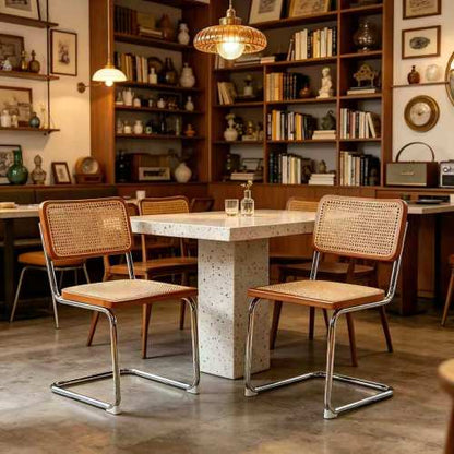 Woven Rattan Cantilever Dining Chairs with Chrome Frames, Set of 2, Teak