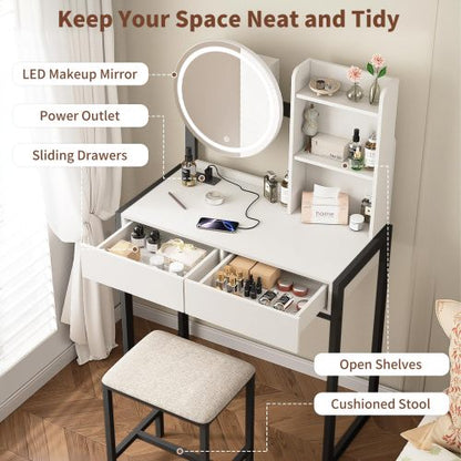 White & Black Vanity Desk with LED Mirror, 3 Light Modes, Outlet, Drawer & Stool