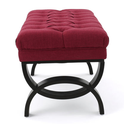 Red Tufted Ottoman Bench with Diamond Stitching and Half Circle Legs