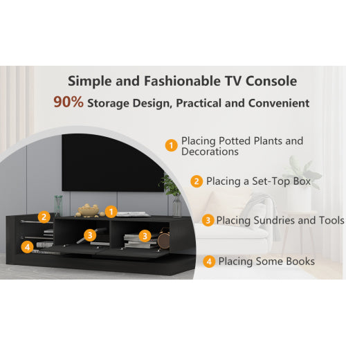 70 Inch Black Modern LED TV Stand Built-In Power Strip Tempered Glass Media Console for 75 Inch TV