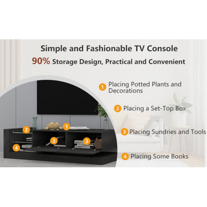 70 Inch Black Modern LED TV Stand Built-In Power Strip Tempered Glass Media Console for 75 Inch TV