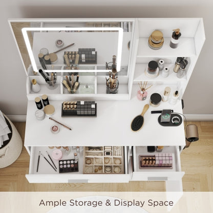 White Makeup Vanity Set with LED Mirror, Charging Station, Stool, 2 Drawers, Open Shelves & Storage Cabinet