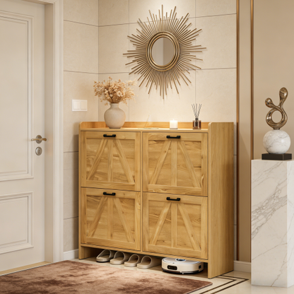 Light Oak Rustic Barn-Door Shoe Cabinet with 4 Flip Drawers, Sleek Space-Saving Entryway Organizer for Living Room