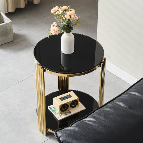 16.9inch  Double-Layer Black Tempered Glass & Gold Steel End Table