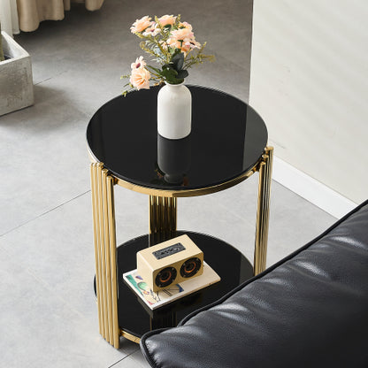 16.9inch  Double-Layer Black Tempered Glass & Gold Steel End Table