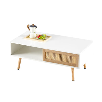 Rattan Coffee Table Sliding Door Storage Wood Leg White Modern Living Room Table