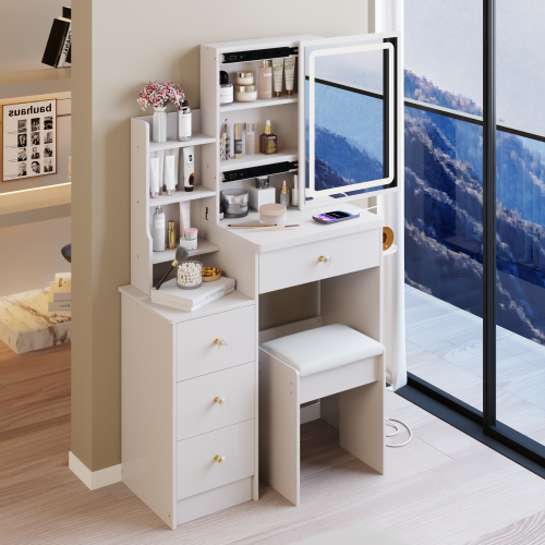 29.2" Small Size Left Bedside Cabinet Vanity Table + Cushioned Stool, 2 AC+2 USB Power Station, Hair dryer bracket, Extra Large Touch Control Sliding LED Mirror, Tri-color Switching, Brightness Adjust