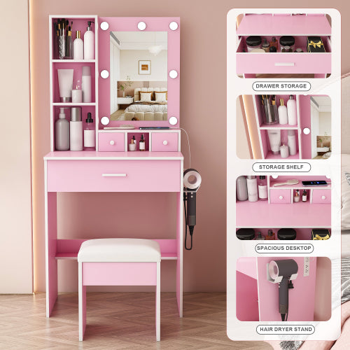 Pink Compact LED Vanity Table Set, Power Outlet, Hairdryer Holder, Drawers & Upholstered Stool