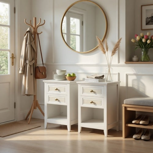 Set of 2 White Rattan Boho Nightstands