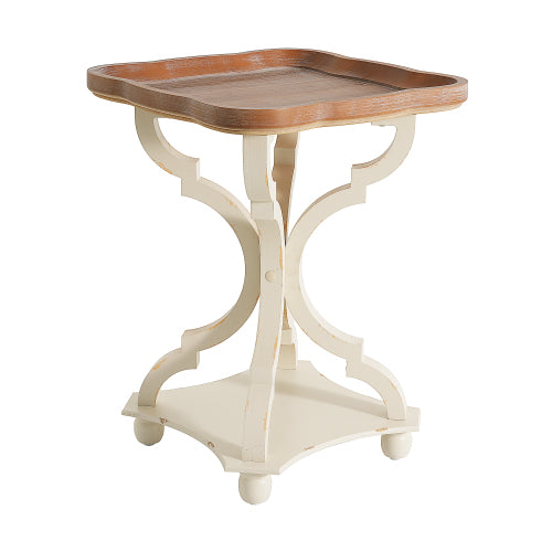 French Country Accent Table 19 Inch Hourglass Base Lipped Square Top Distressed Finish