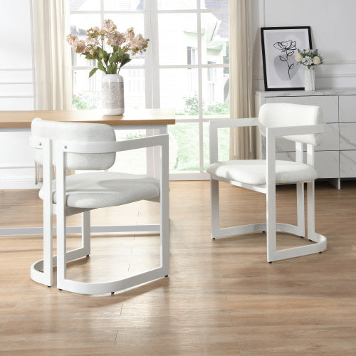 Set of 2 Beige Fabric Arm Dining Chairs, White Iron Metal Frame 265 LBS Weight Capacity